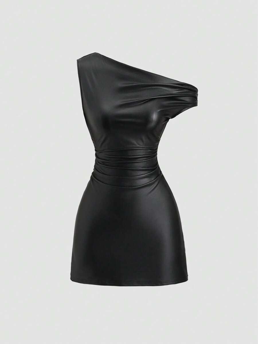 Sweetra Spring/Summer New Asymmetrical Shoulder Dress, Special Fabric Waist-Cinching Slim-Fit Mini Dress, Suitable For Party Wear - Black - View 1