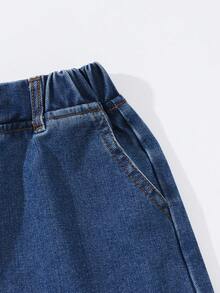 SHEIN Conjunto de jeans para meninas pré-adolescentes, modelo verão, estilo europeu e americano, sem mangas, cintura alta, com regata e shorts em jeans azul escuro, conjunto de duas peças, ideal para uso casual, esportivo, diário, básico, para férias e verão. Conjunto de jeans infantil para meninas. - Lavagem escura - Ver 7