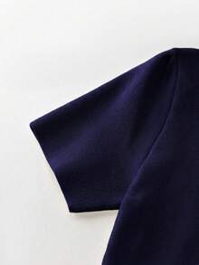 SHEIN Franclia 女士纯色圆领短袖单排扣休闲针织上衣 荷叶边上衣 女士短袖上衣 女士衬衫 荷叶边衬衫 - 寶藍色 - 查看 4