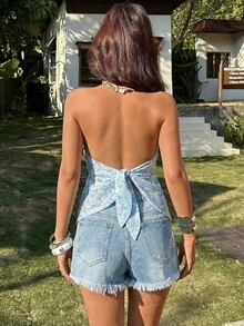 KARISMINA Women's Casual Elegant Romantic Printed Tube Top, Suitable For Daily, Beach, Date, Blue - Blue and White - View 13