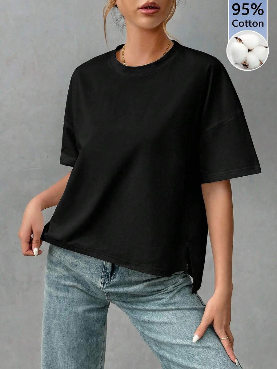 SHEIN Essnce 柔软纯棉女士简约基础款短前长后长时尚T恤，适合外出、搭配、旅行和度假。 - 黑色 - 查看 1