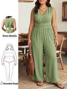 Enliva Women's Solid Deep V-Neck Ruched Sleeveless Jumpsuit Summer Green Casual,Friendly To Round Body Curves - Green - View 2