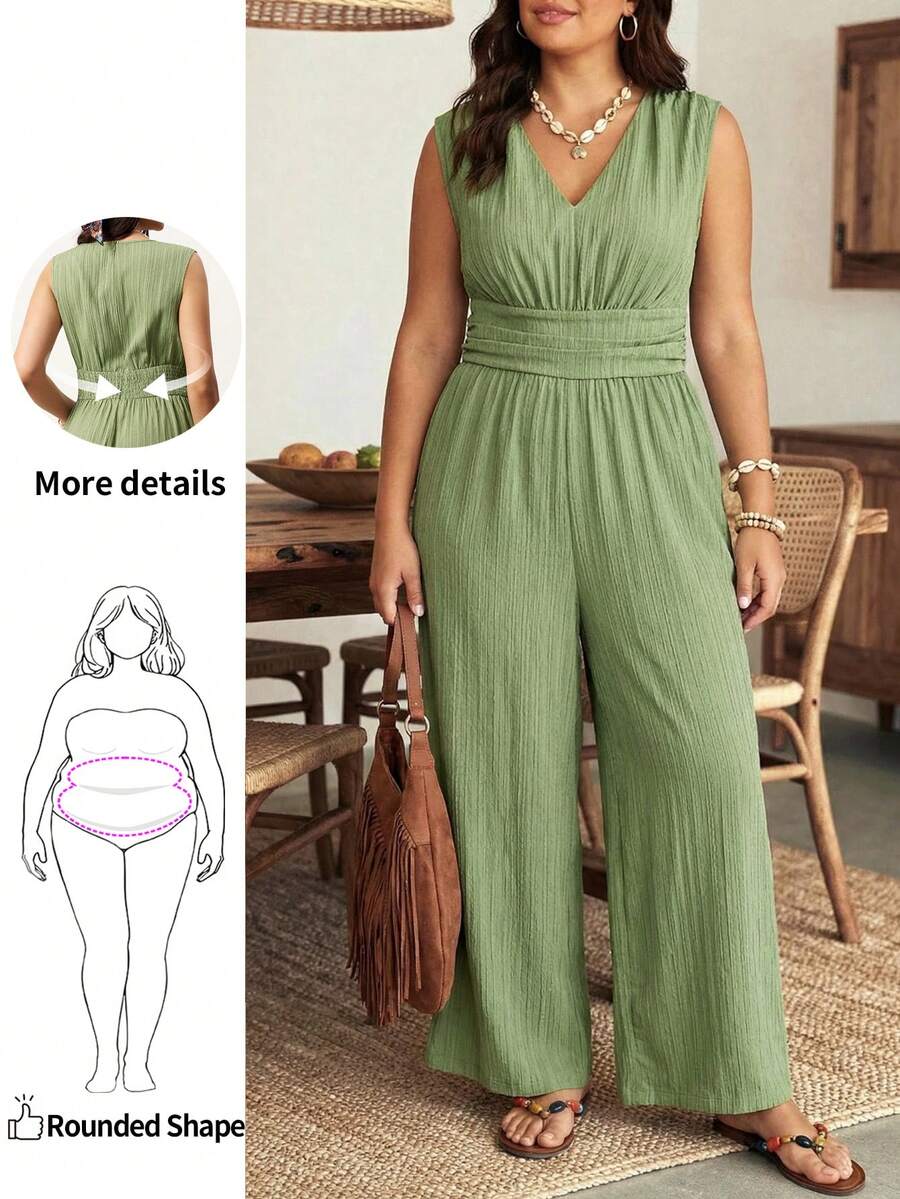 Enliva Women's Solid Deep V-Neck Ruched Sleeveless Jumpsuit Summer Green Casual,Friendly To Round Body Curves