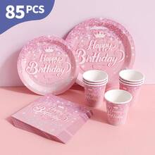 粉色底座水晶皇冠生日快乐一次性餐盘、餐巾纸和杯子套装，可供20位客人使用。这款一次性派对用品套装（包括餐盘、餐巾纸和杯子）非常适合生日派对、婚礼和家庭野餐。 - 查看 1