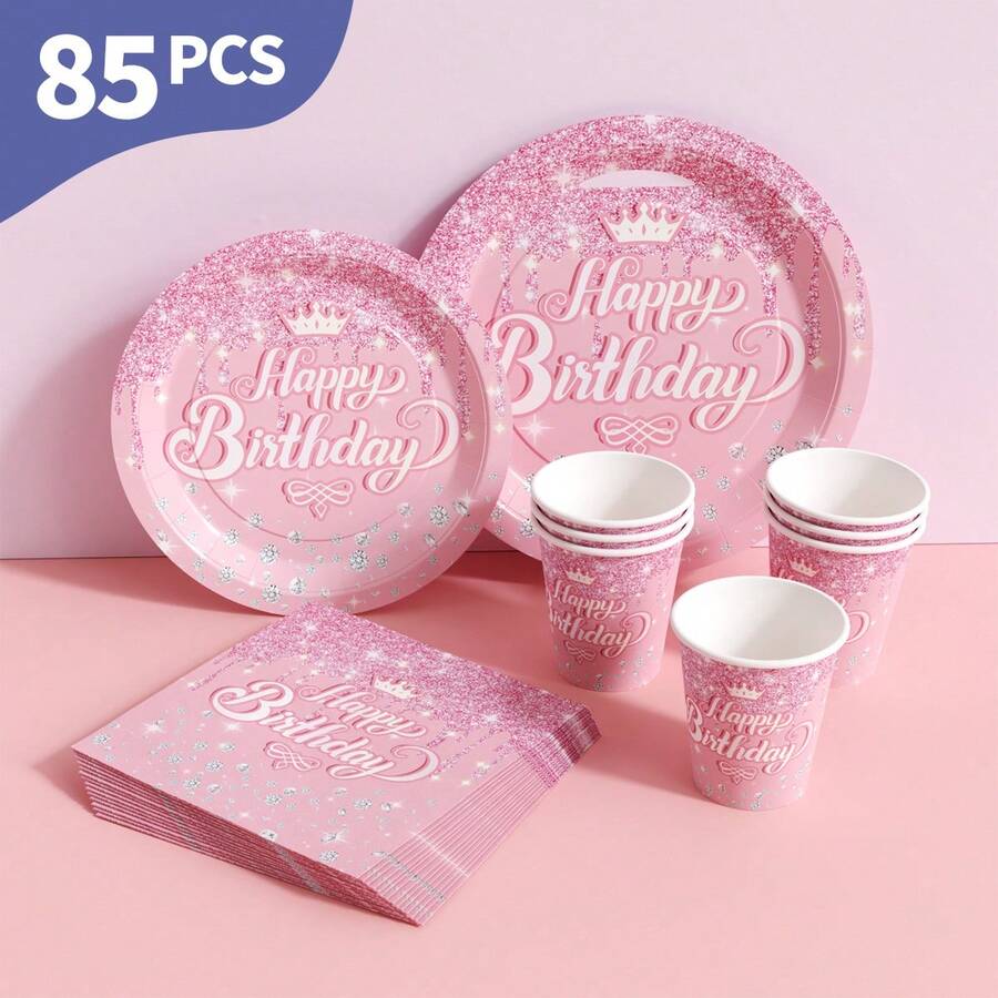 粉色底座水晶皇冠生日快乐一次性餐盘、餐巾纸和杯子套装,可供20位客人使用。这款一次性派对用品套装(包括餐盘、餐巾纸和杯子)非常适合生日派对、婚礼和家庭野餐。 - 查看 1