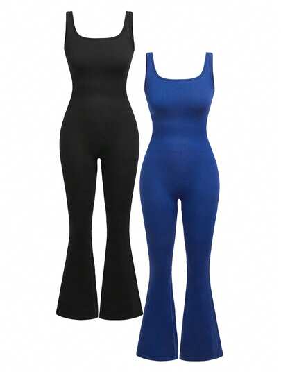 Activina 女士纯色方领喇叭袖无袖运动连体裤