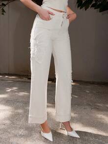 Bris Aura 女士新款时尚优雅刺绣情人节派对蓝色直筒牛仔裤 - 杏色 - 查看 3