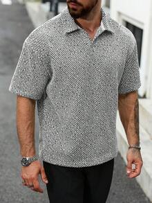 Manfinity Homme 黑色和米色条纹加大码男士休闲Polo衫 - 灰色 - 查看 5