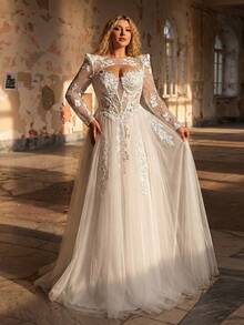 Aureia Váy cưới cỡ lớn, thanh lịch, lãng mạn màu trắng với tay áo 3D bằng vải lưới, ren thêu thủ công, chất liệu satin, dáng chữ A, lưng xuyên thấu gợi cảm, thích hợp cho đám cưới. - trắng - Xem 6