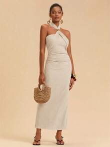 Travachic Women's Solid Color Fitted Elegant Knit Halter Dress - Beige - View 7