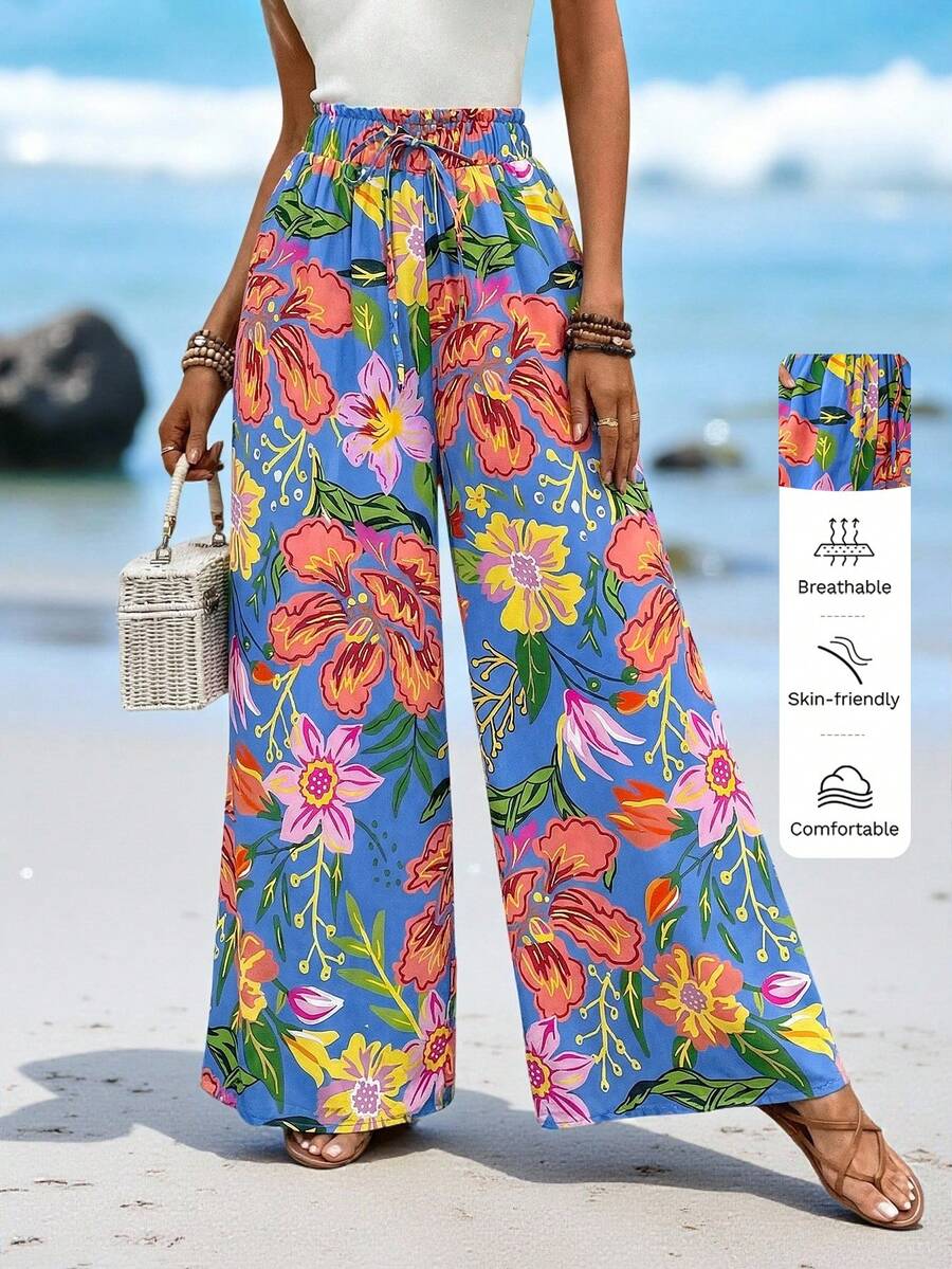 Sylviya 女士抽绳腰带印花休闲百搭长裤，适合度假穿着 - 彩色 - 查看 1