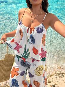 SHEIN EZwear 大码宽松舒适吊带背心和裤子两件套，适合海滩度假、海滩派对等场合，女士沙滩装，美人鱼沙滩装，珊瑚色夏季度假套装，女士夏季套装 - 彩色 - 查看 3