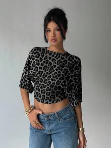 Aloruh Áo thun crop tay cánh dơi họa tiết da báo thời trang dành cho nữ, thích hợp cho mùa hè. - Nhiều màu - Xem 4