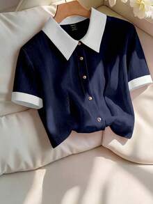 Franclia 女士优雅粉色雪纺褶皱白色领宽松短袖衬衫 - 藏蓝色 - 查看 3