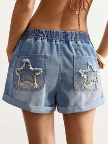 Bohemela Women's Elastic Waist Pocket Loose Casual Denim Shorts - Light Wash - View 3