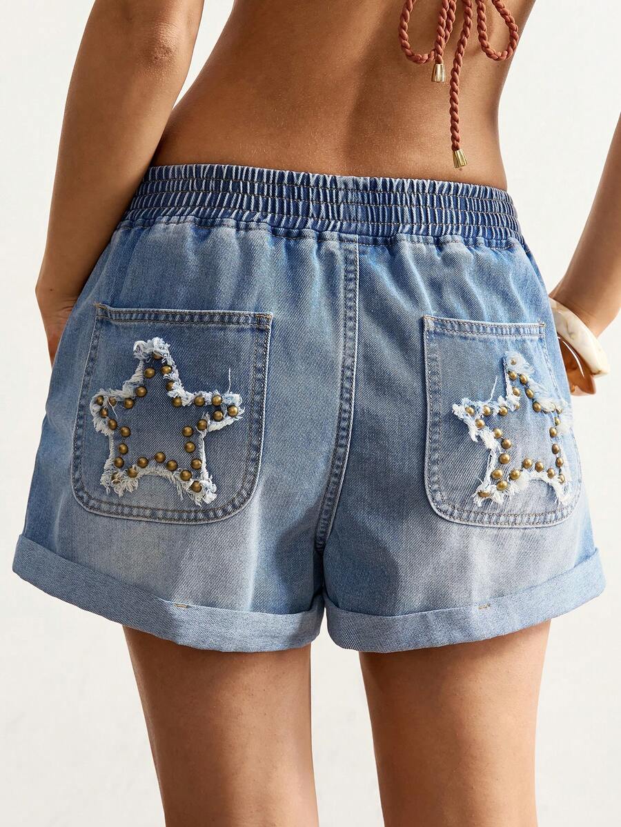Bohemela 新款女士牛仔短裤，高腰设计，松紧腰带，带口袋，宽松休闲牛仔短裤，蓝色短裤。适合休闲度假、日常出行、海滩度假和音乐节等场合。夏季女装、海滩装、牛仔短裤、宽松牛仔短裤、西部牛仔短裤、女士牛仔短裤、夏季短裤、牛仔裤、女士夏季装扮、水钻牛仔短裤、女士短裤、牛仔短裤、夏季可爱短裤、破洞牛仔短裤。 - 淺色水洗藍 - 查看 1