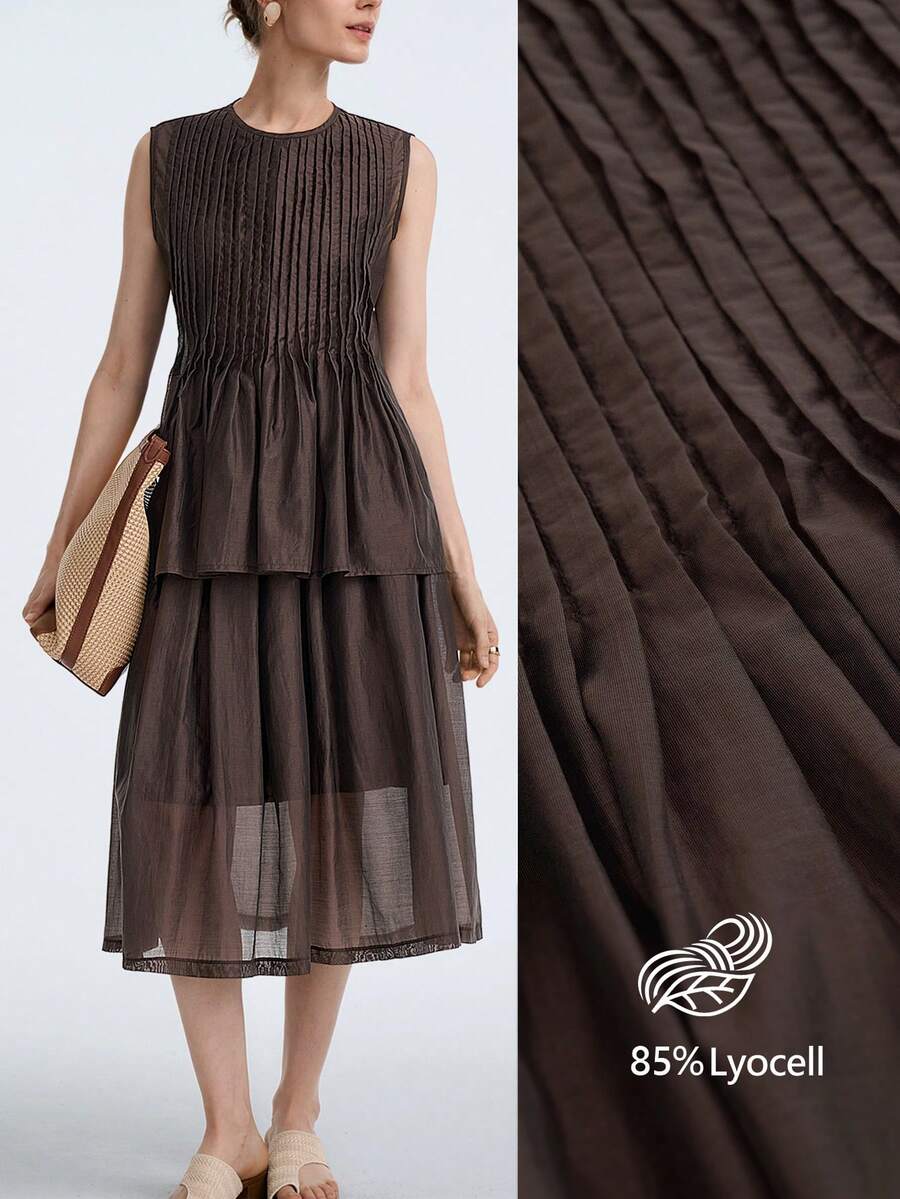 SHEIN Stylify 女士百褶圆领无袖上衣和迷你裙两件套，优雅设计 - 咖啡棕 - 查看 1