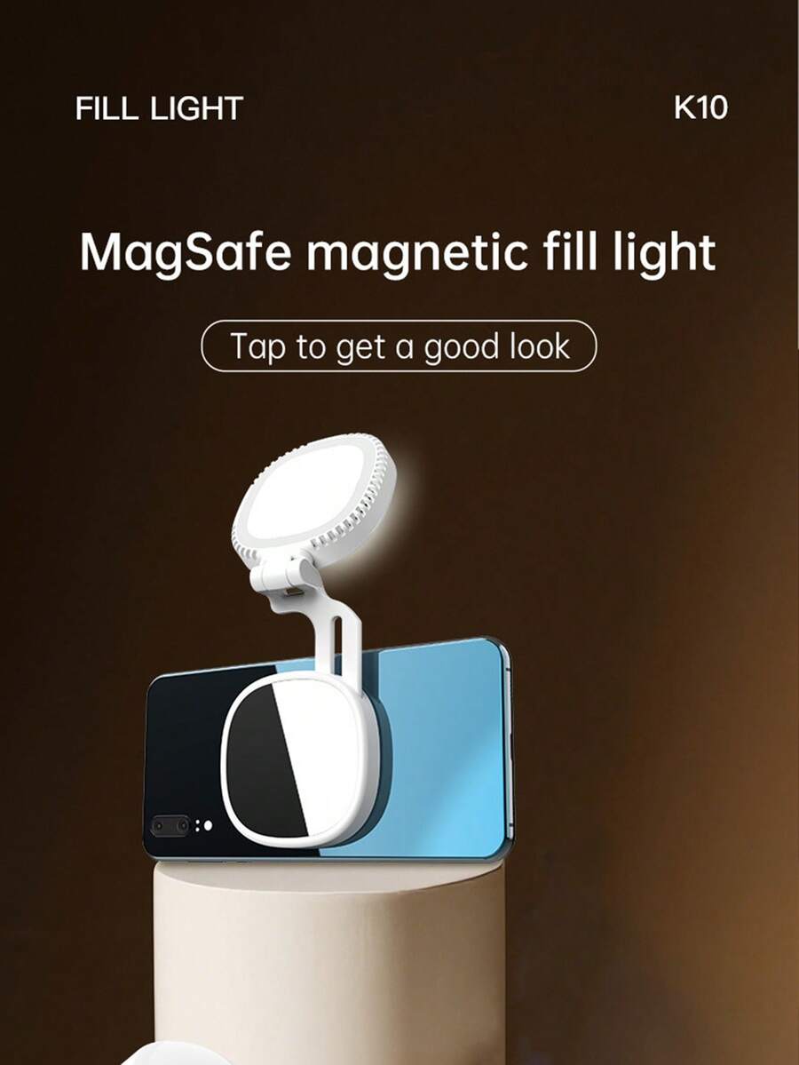 1个乳白色MagSafe磁吸式手机补光灯,360°旋转三色可调光LED自拍灯,带Type-C充电接口,适用于Vlog和直播 - 多色 - 查看 1