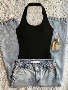 Glimmora Women's Floral Sequin Fashion Halter Neck Camisole - Black - View 2