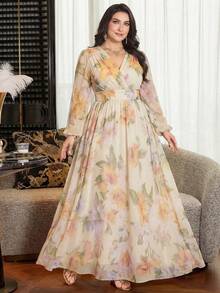 Modelyn Plus Size Women's Floral Print Elegant Cinched Waist A-Line Dress - Apricot - View 6