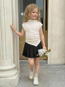 SHEIN Serisse Kids 女童休闲立领不对称下摆短袖T恤 - 白色 - 查看 2