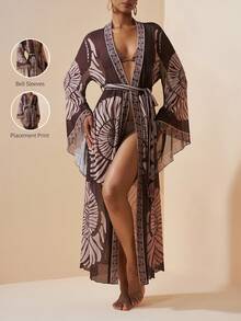 Zivah 2026 女士度假休闲沙滩薄纱印花长款和服式罩衫 - 棕色 - 查看 7