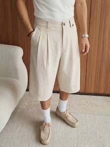 SWAVVY Men's Simple Solid Color Folding Pleated Shorts, Suitable For Commuting In Summer - Camel - View 3
