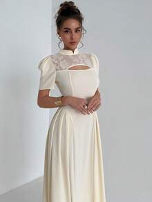 RiviMae Women's New Arrival Mandarin Collar Patchwork Hollow-Out Elegant Dress - Apricot - View 7