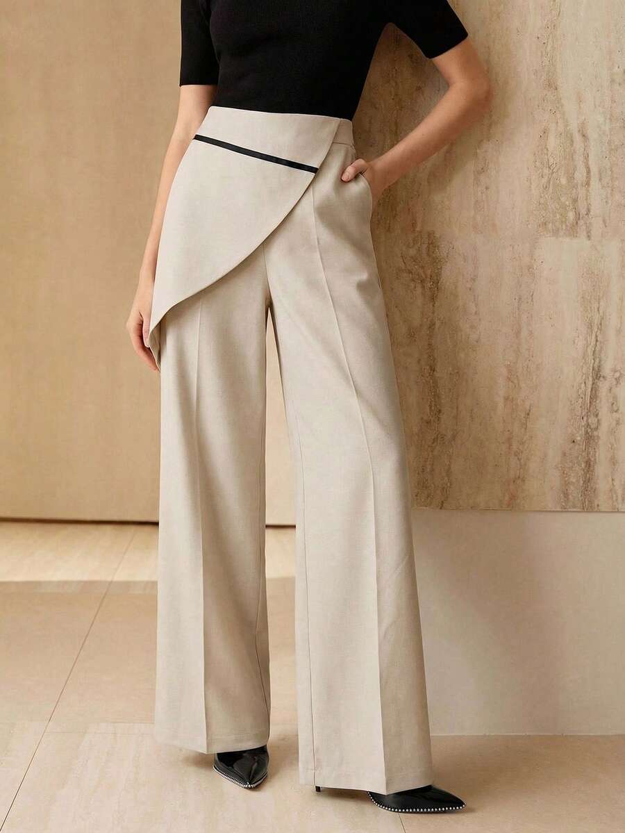 Anewsta 新款现代休闲套装 时尚百搭不对称设计 侧边口袋 优雅女士直筒裤 - 卡其色 - 查看 1