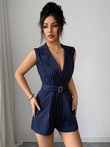 GlowEve Bộ jumpsuit nữ thời trang xuân/hè mới, kẻ sọc, dệt kim, cổ ve áo, không tay, thắt lưng kim loại, thanh lịch, thích hợp đi làm và mặc hàng ngày. - Màu xanh hải quân - Xem 6
