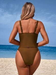 Swim Lushoire Women's Summer Tankini Swimwear Set,Coffee Brown Solid Camisole 2 Pieces Bathing Suit,Full Coverage Tummy Control Tropical Beach Vacation Holiday - Brown - View 2