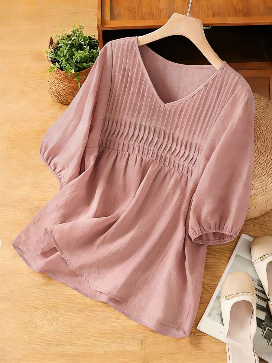 SHEIN Franclia 亚麻褶皱粉色短袖衬衫，春夏款 - 粉色 - 查看 1