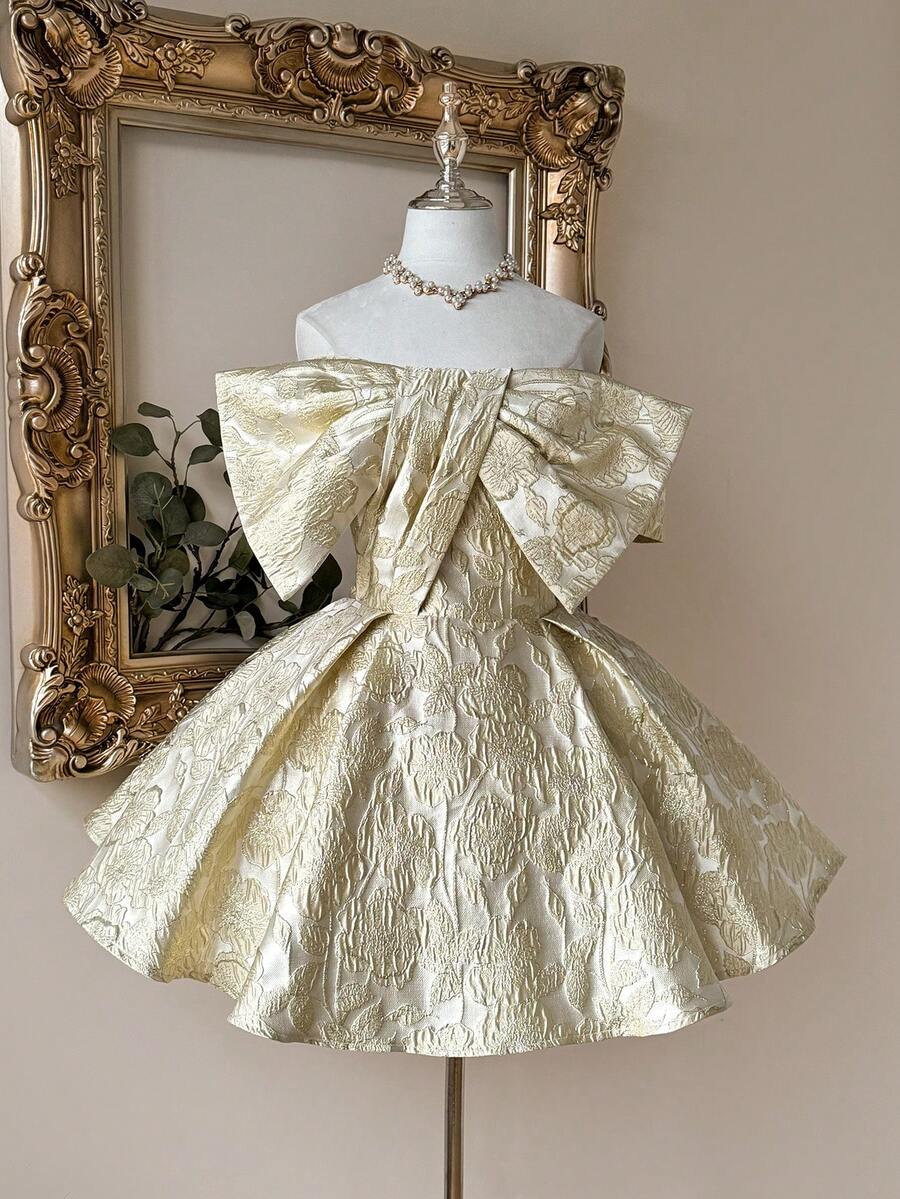Lovelzi Đầm dạ hội thanh lịch, lãng mạn, thời trang màu mơ, chất liệu satin jacquard, kiểu dáng trễ vai, không dây vai, thắt nơ ở ngực, dáng chữ A, thích hợp cho tiệc tùng, đám cưới, tiệc độc thân, dạ hội. - Màu be - Xem 1