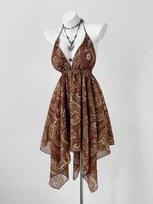 Sunspun 春季、夏季、节日、波西米亚风、嬉皮风、牛仔装、复古新潮设计、西部风、度假风、雪纺印花V领镂空吊带系腰修身雪纺不对称下摆连衣裙、西部服饰、夏季女装 - 彩色 - 查看 5