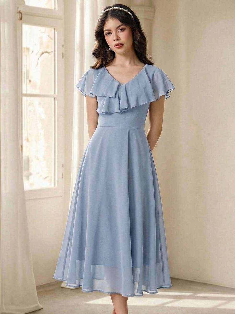 Pitira Đầm chiffon màu xanh dương trơn, thanh lịch, tối giản, cổ chữ V, không tay, xếp ly, eo cao, dài ngang gối, thích hợp cho bé gái dự lễ tốt nghiệp/đám cưới, hoặc đi nghỉ hè. - Màu xanh lam - Xem 1