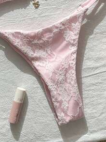 Swim Mod Women's Pink Lace Pattern Thongs Bikini Set With Halter Neckline And Tie Back Details - Pink - View 5