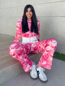 Hitanina 2pcs Women Camouflage Print Hooded Zip-Up Long Sleeve Top And Drawstring Waist Sweatpants Set - Multicolor - View 6