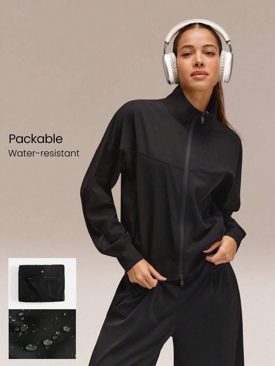 GLOWMODE Go With The Glow Waist-Length Sunproof Water-Resistant Elastic Ribbed Cuffs Hem Two-Way Zipper Back Pocket Packable Relaxed Fit Bomber Jacket Travel Running Jogging Outdoor Daily Active Wear - Black - View 1
