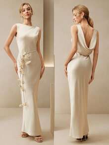 Women's Elegant Round Neck Sleeveless Dress With Detachable Waist Flower Belt, Satin Texture Ivory Dress White Backless Dress Creme Dress Open Back Dresses Off White Dresses For Women - Beige - View 8