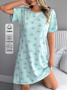 SHEIN 棉质罗纹针织薄荷蓝，撞色蝴蝶图案，圆领短袖，长款撞色缝线细节，家居舒适休闲睡裙，女士睡衣 - 薄荷藍 - 查看 1