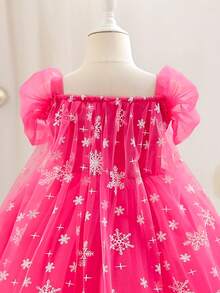 Glamorique Kids 2026春夏新款柔软舒适蓬蓬裙，时尚新潮，度假旅行必备，女童公主网纱连衣裙，玫红色亮片派对礼服，印花薄纱蓬蓬裙，白色毛边，四季皆宜，中东和欧洲风格 - 玫紅色 - 查看 9