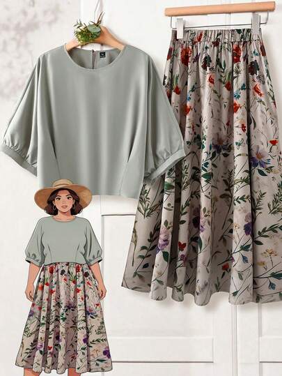 EMERY ROSE 大码女式纯色宽松上衣搭配印花A字裙休闲套装/夏季/度假/春季服装/女士度假装/女士休闲套装/节日/女士春季服装/女士度假装/围巾上衣灵感来自Anthropologie的艺术风服装/图案上衣/裙子套装/印花裙/碎花裙套装/鼠尾草绿上衣/女士春季套装/女士裙装套装