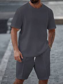 Manfinity Homme 加大码男士休闲纯色圆领短袖T恤短裤套装，夏季 - 灰色 - 查看 4