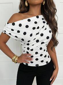 Slaydiva Polka Dot Top  New Spring, Spring And Summer Music Festival, Valentine's Day, Easter, Wedding Season, Holiday Season, Casual And Elegant, Commuting, Daily Wear, Work Wear, Vacation, Party, Cruise, Party, Basic, Daily Date, Off-The-Shoulder, Sleeveless, Waist, Inverted Pleated And Reduced Pleated Design, White Base, Black Polka Dot Top, T-Shirt, Knitted Women's Top -Z - Black and White - View 10