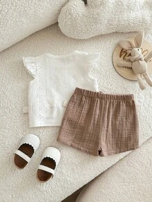 1-Piece Summer Cute White Top And Shorts Set With Elastic Waist - Apricot - View 4