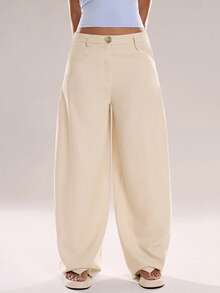 Avantive 女士口袋纽扣休闲百搭日常阔腿裤 - 杏色 - 查看 6