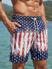Manfinity Swimmode Men's Independence Day American Flag Print Beach Shorts,Quick Dry Drawstring Swim Trunks,Blue And White Striped Summer Tropical Vacation Bathing Suit - Blue and White - View 7