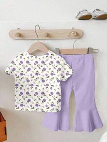 Baby Mädchen lila Blumen Muster Top und lila Glockenbodenhos Set, geeignet für Ausflüge, Urlaub, Frühling, Sommer, Herbst, Winter - Verschiedenfarbig - Übersicht 2