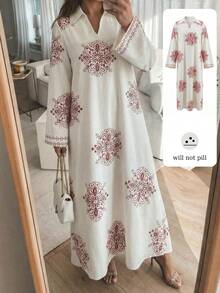 Modelyn Women's Woven Printed Loose Stand Collar Dress Modest Dress French Style Dress Long Sleeve Summer Dresses Prayer Dress Cottagecore Dress - Red - View 1