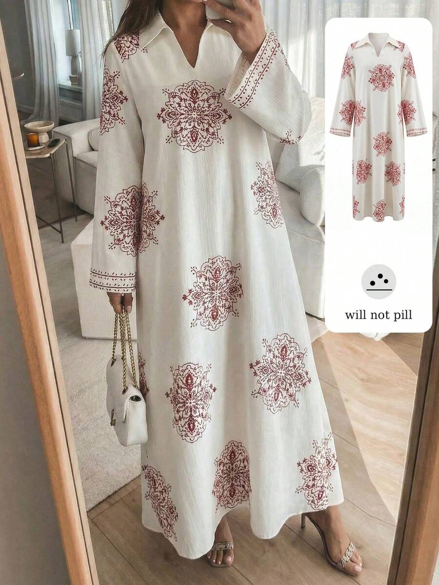 Modelyn Women's Woven Printed Loose Stand Collar Dress Modest Dress French Style Dress Long Sleeve Summer Dresses Prayer Dress Cottagecore Dress - Red - View 1